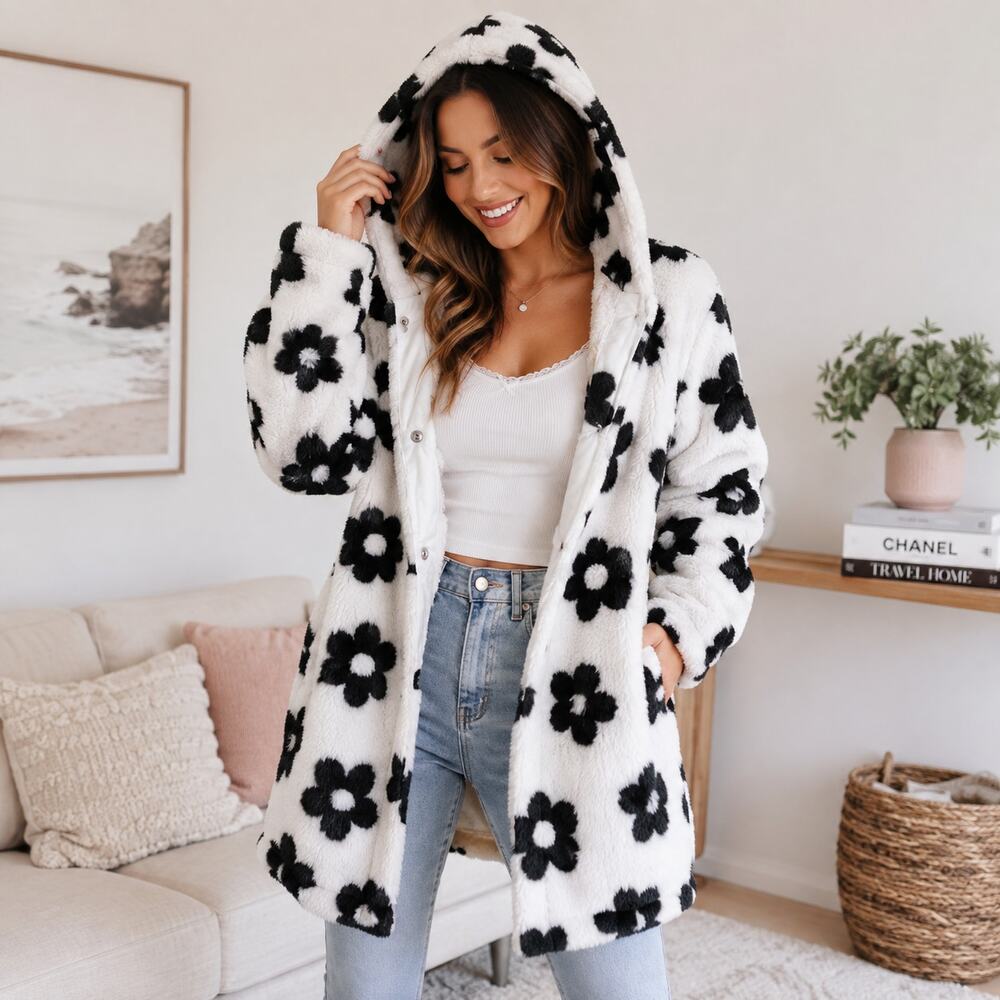 Romantic Daisy Floral Plush Fleece Fuzzy Coat Jacket Size 2X NWT Girly Sherpa